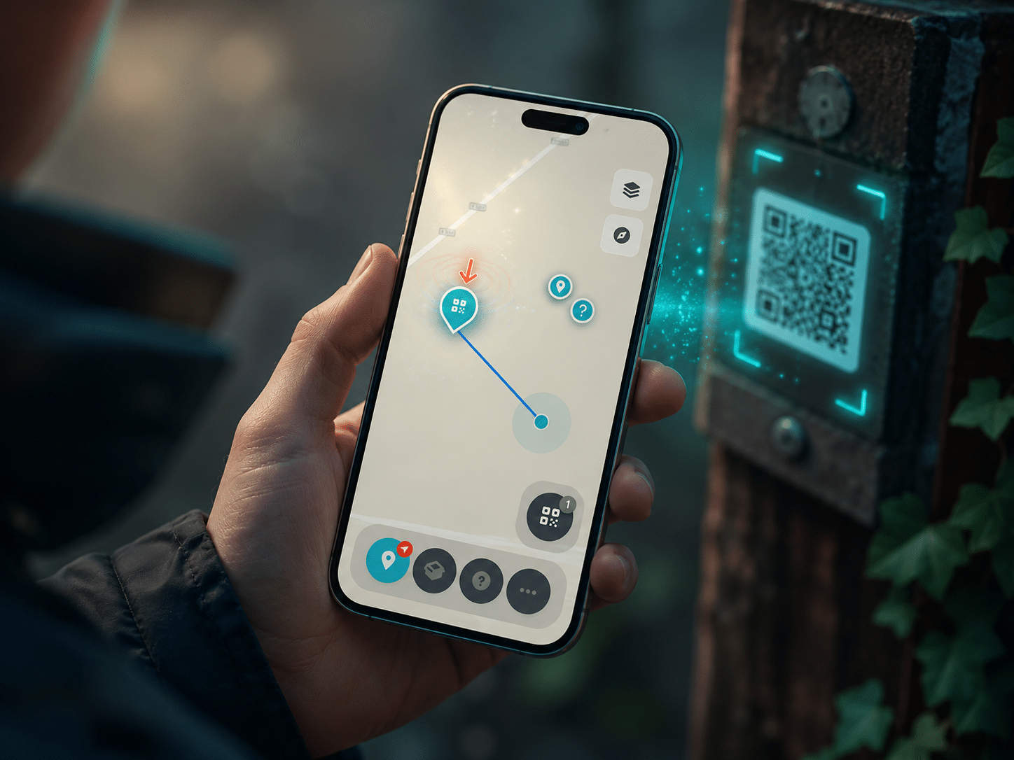 Smartphone mit einer spielbaren Szene und Hinweis in der scenario.app